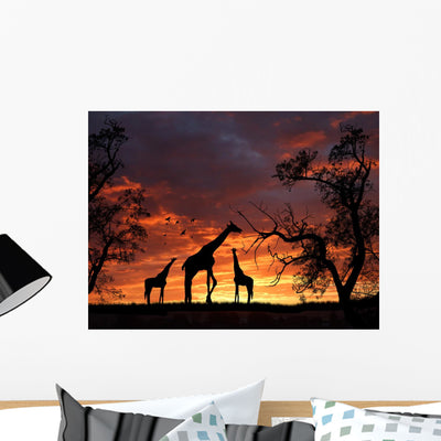Giraffes Sunset Wall Mural shown on a wall