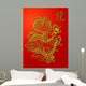 Chinese Dragon Paper Cutting Gold on Red Background Wall Mural