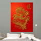 Chinese Dragon Paper Cutting Gold on Red Background Wall Mural
