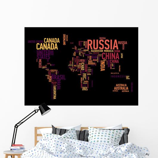 World map: countries of wordcloud Wall Mural