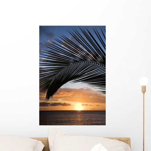 sunset framed by palm, maui, hawaii. Wall Mural