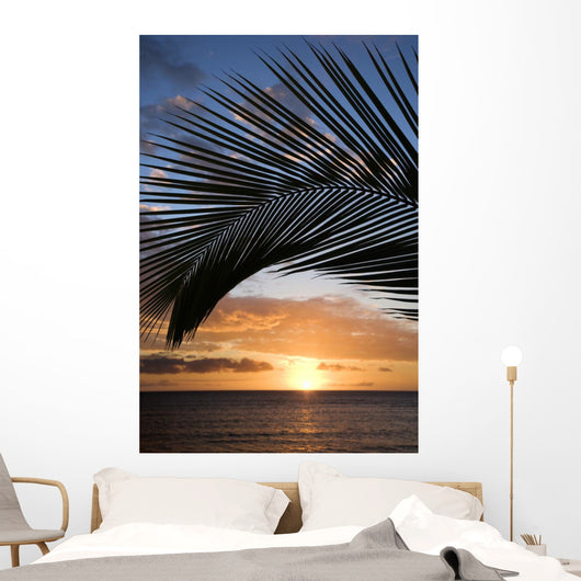 sunset framed by palm, maui, hawaii. Wall Mural