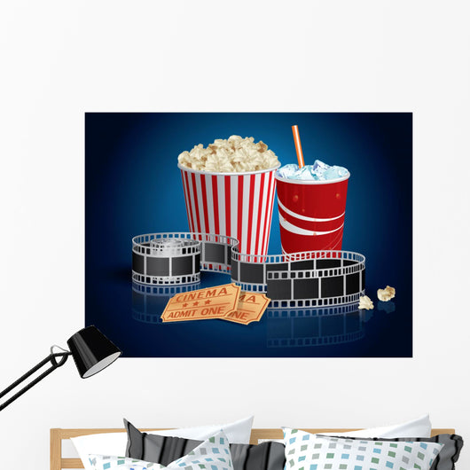 Popcorn, drink and filmstrip Wall Mural