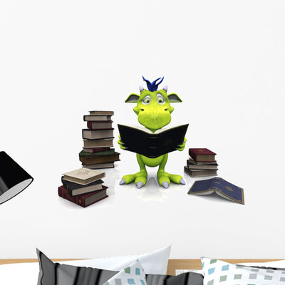 Cute Cartoon Monster Reading Wall Decal shown on a wall