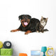 Rottweiler and cat lies on a white background Wall Decal