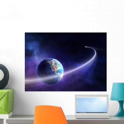 Comet Moving past Planet Wall Mural shown on a wall