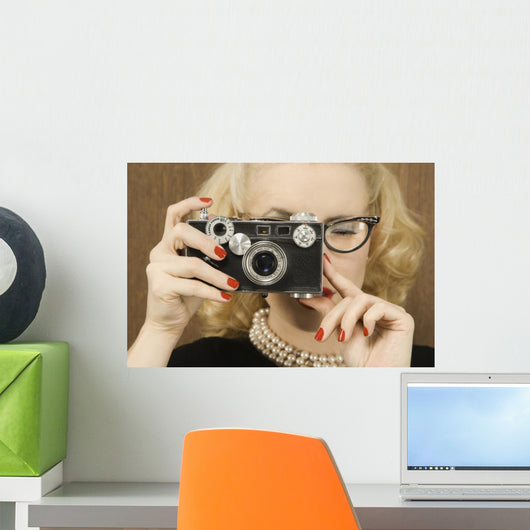 Woman Holding Vintage Camera Wall Mural