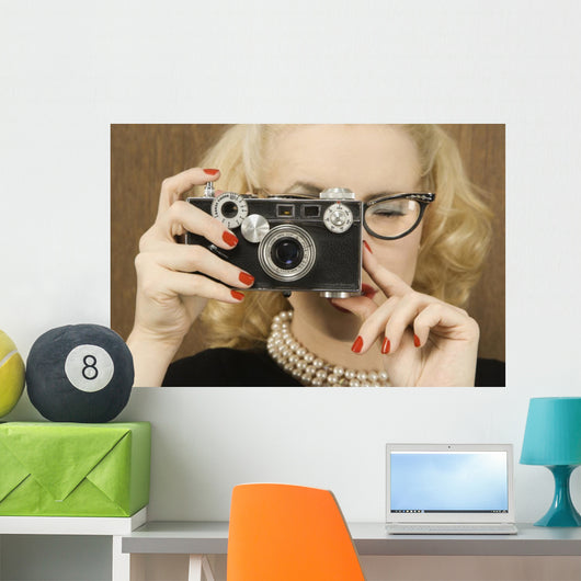 Woman Holding Vintage Camera Wall Mural