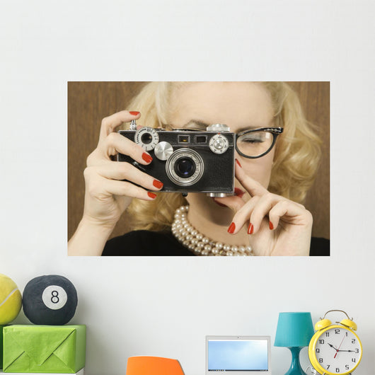 Woman Holding Vintage Camera Wall Mural