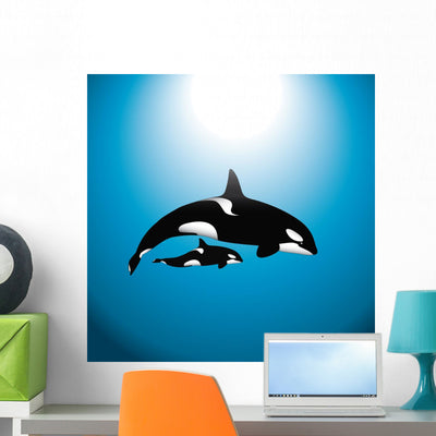 Orca Whale with Baby Wall Mural shown on a wall