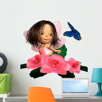 Baby Pink Rose Fairy Wall Decal shown on a wall