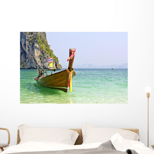 Tropical beach, traditional long tail boats, Andaman Sea, Thaila Wall Mural