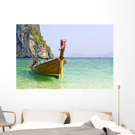 Tropical beach, traditional long tail boats, Andaman Sea, Thaila Wall Mural