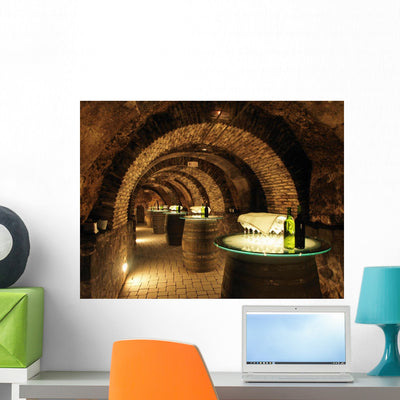 Wine Barrels Old Cellar Wall Mural shown on a wall