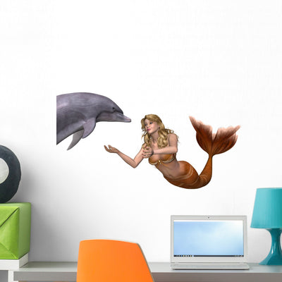 Mermaid Greets Dolphin Wall Decal shown on a wall