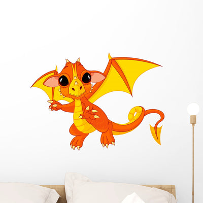 Orange Baby Dragon Wall Decal shown on a wall