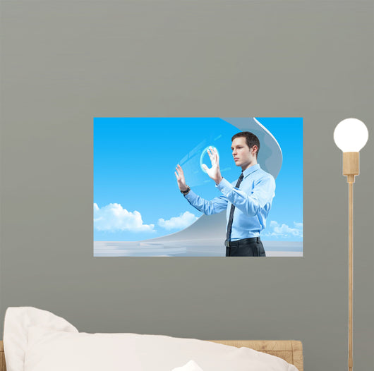 Businessman using futuristic hologram interface keyboard Wall Mural