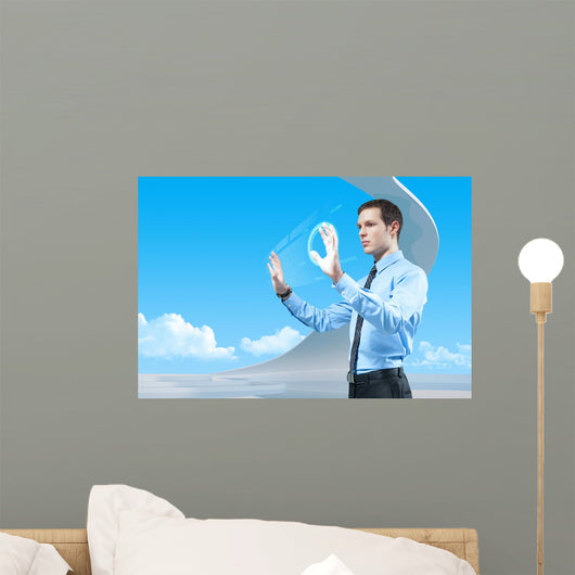 Businessman using futuristic hologram interface keyboard Wall Mural