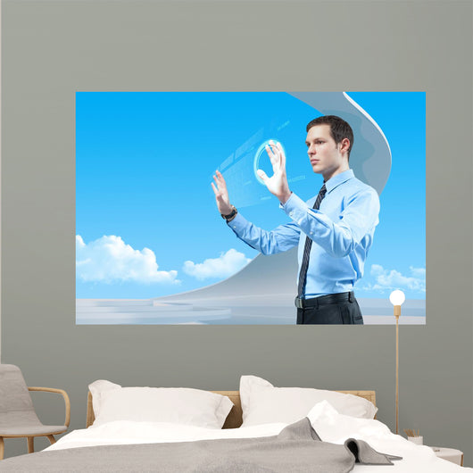 Businessman using futuristic hologram interface keyboard Wall Mural