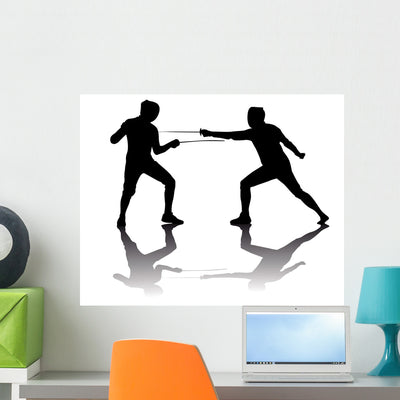 Black Silhouettes Athletes Fencers Wall Mural shown on a wall