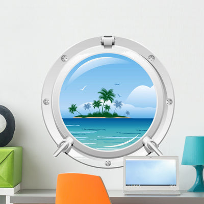 Porthole with Sea Wall Decal shown on a wall