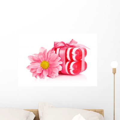 Pink Flower and Soap Wall Decal shown on a wall