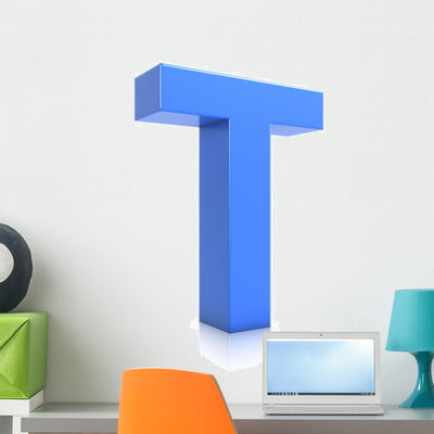 3D Blue Letter T Wall Decal shown on a wall