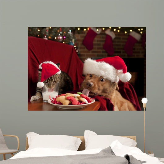 Cat and Dog Devouring Santas Cookies Wall Mural