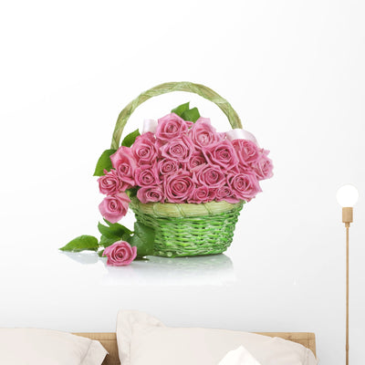 Beautiful Pink Roses Basket Wall Decal shown on a wall