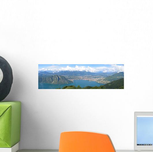 urban city on the bank of the lake, lugano lake, switzerland, pa Wall Mural