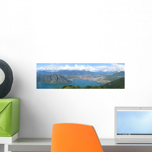 urban city on the bank of the lake, lugano lake, switzerland, pa Wall Mural
