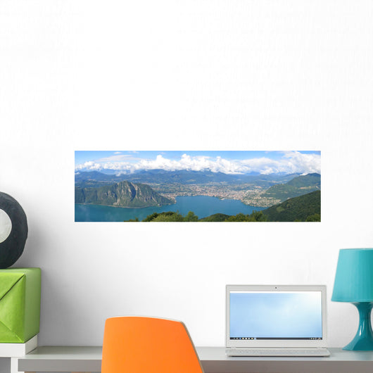 urban city on the bank of the lake, lugano lake, switzerland, pa Wall Mural