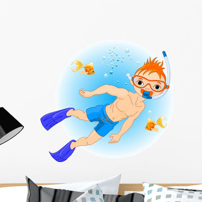 Boy Swimming under Water shown on a wall