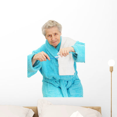 Senior Lady with Toothbrush Wall Decal shown on a wall