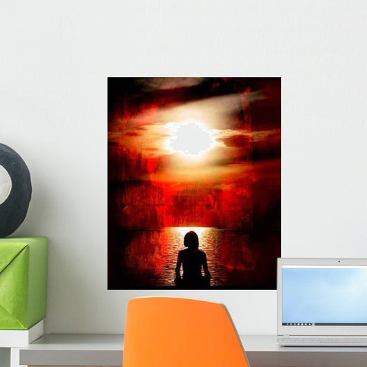 Woman Meditating Red Grunge Wall Decal