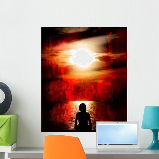 Woman Meditating Red Grunge Wall Decal