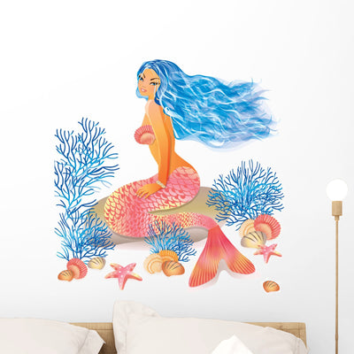 Beautiful Mermaid Vector Illustration Wall Decal shown on a wall