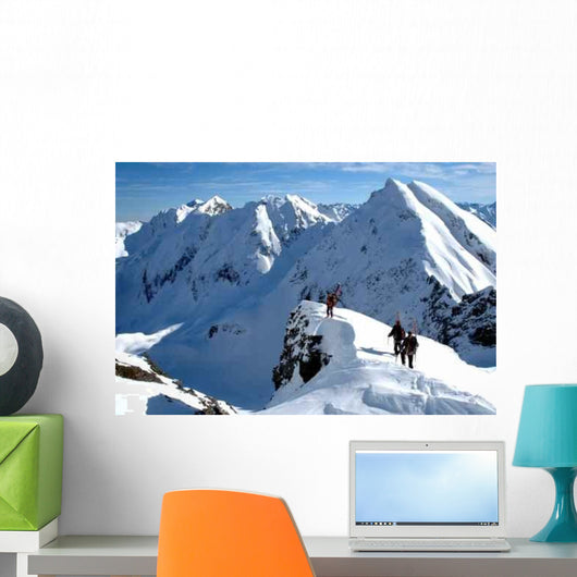 Hikers on Snow-Covered Mountain Wall Decal