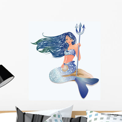 Mermaid with Trident Vector Wall Decal shown on a wall