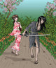 Japanese Lady and Samurai meet on forest path Wall Mural