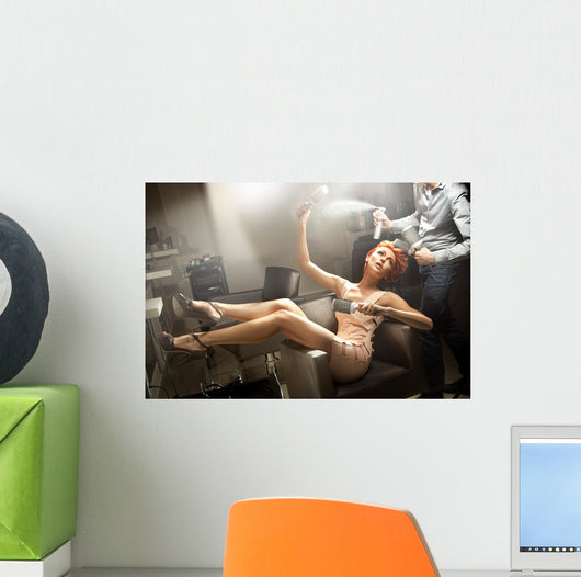 Young woman posing in hairdresser room Wall Mural