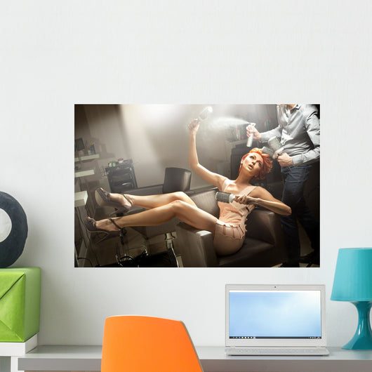 Young woman posing in hairdresser room Wall Mural