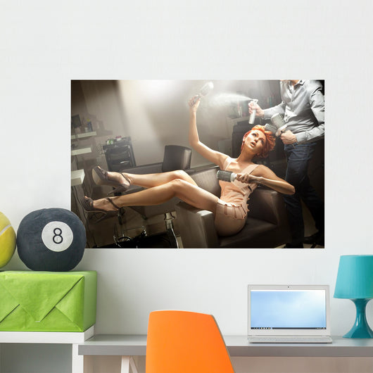 Young woman posing in hairdresser room Wall Mural