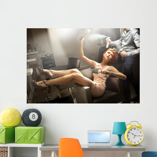 Young woman posing in hairdresser room Wall Mural