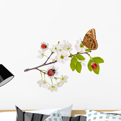 Cherry Tree Flowers Bugs Wall Mural shown on a wall