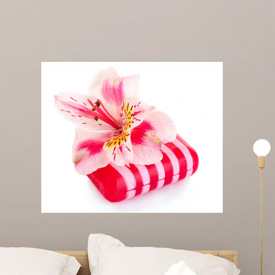 Pink Flower and Soap Wall Decal shown on a wall