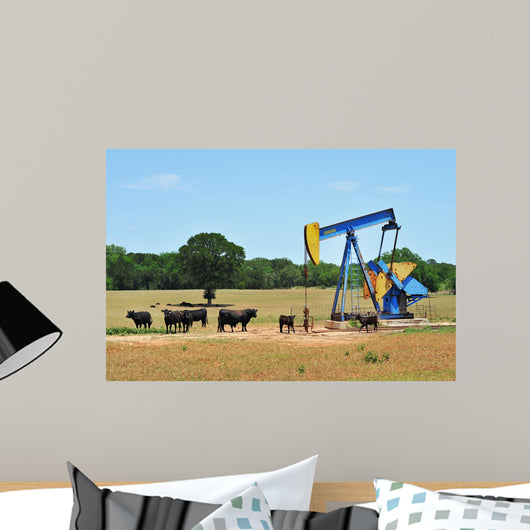 Oil Well Pumper and Brahma Cattle in West Texas. Wall Mural