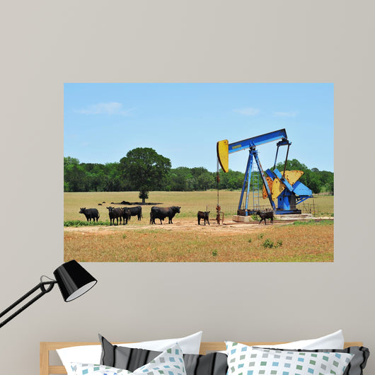 Oil Well Pumper and Brahma Cattle in West Texas. Wall Mural