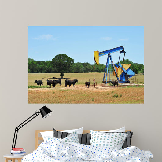 Oil Well Pumper and Brahma Cattle in West Texas. Wall Mural