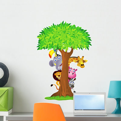 Animal Hiding behind Tree Wall Decal shown on a wall